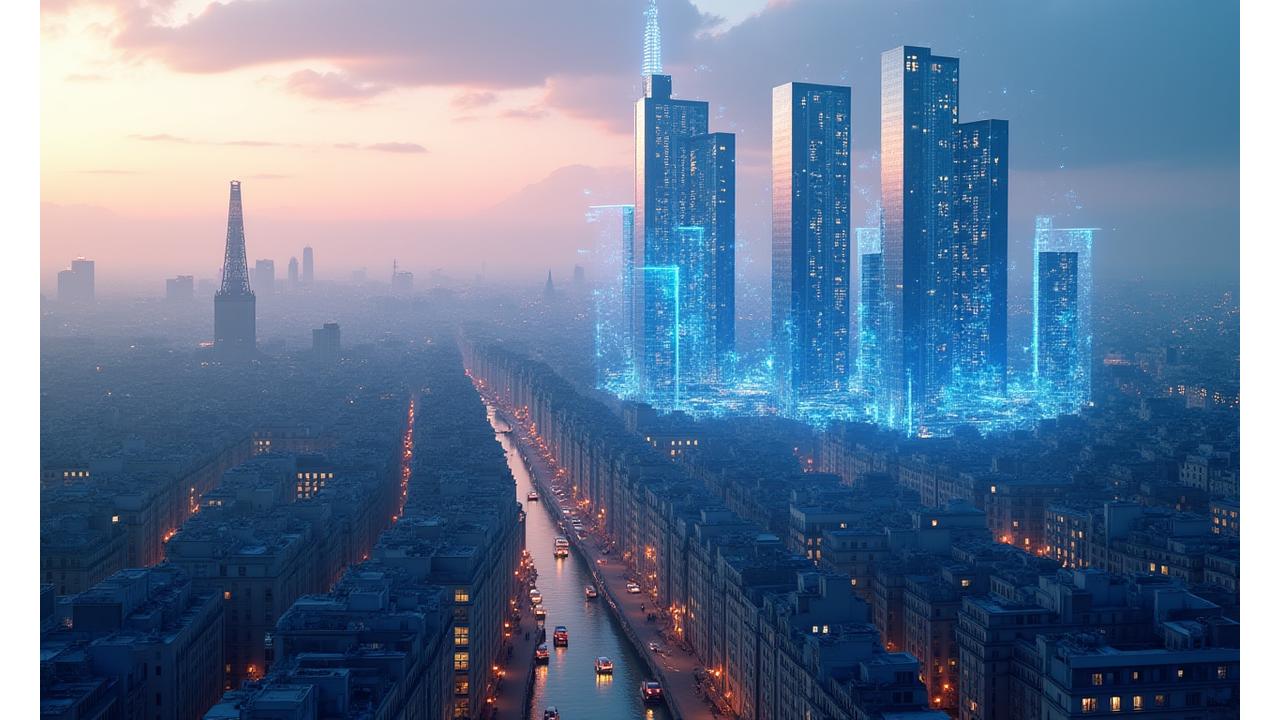 Vue panoramique stylisée de la skyline parisienne avec des éléments numériques et architecturaux superposés, symbolisant l'innovation immobilière