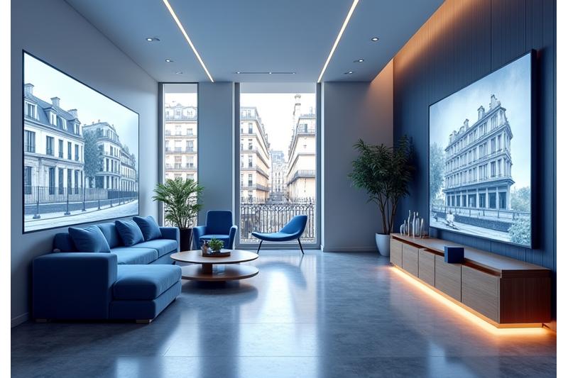 Intérieur moderne et élégant du showroom ArchiVerse Révèle à Paris, avec mobilier design et écrans interactifs présentant des projets immobiliers.