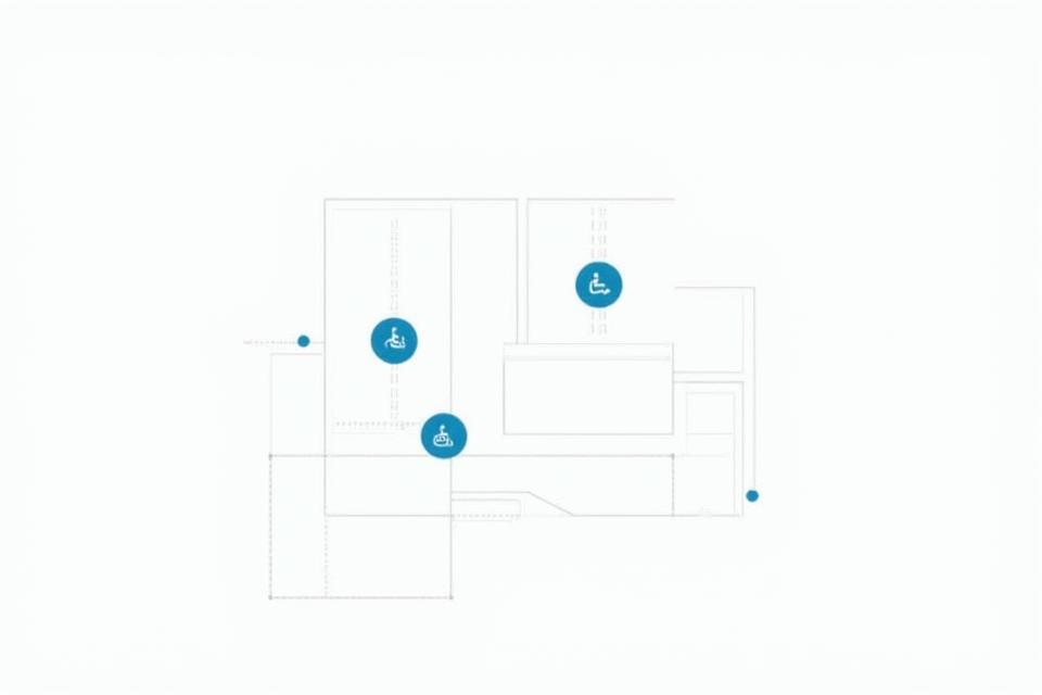 Schéma d'un appartement avec des équipements d'accessibilité pour personnes à mobilité réduite (PMR) et seniors
