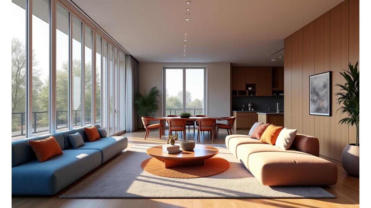 Vue d'un grand salon moderne et lumineux conçu pour la famille multigénérationnelle avec plusieurs espaces lounge et une cuisine ouverte