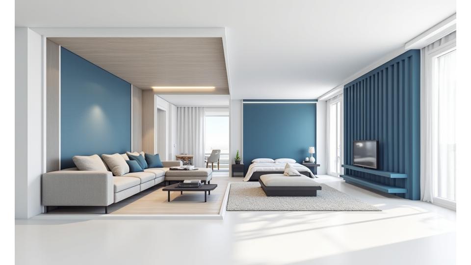 Représentation 3D d'un appartement où un espace salon se transforme en chambre avec cloisons amovibles