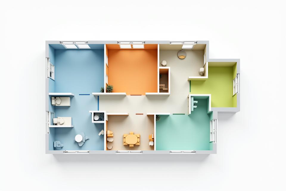 Exemple de plan d'appartement avec zones privatives colorées pour une famille multigénérationnelle, montrant des T4, T5 et T6 modulables.