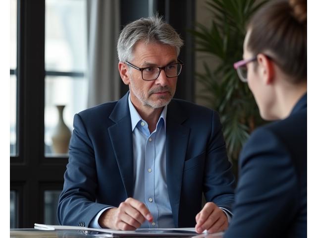 Image d'un expert financier en pleine consultation avec un client, montrant l'aspect humain et personnalisé