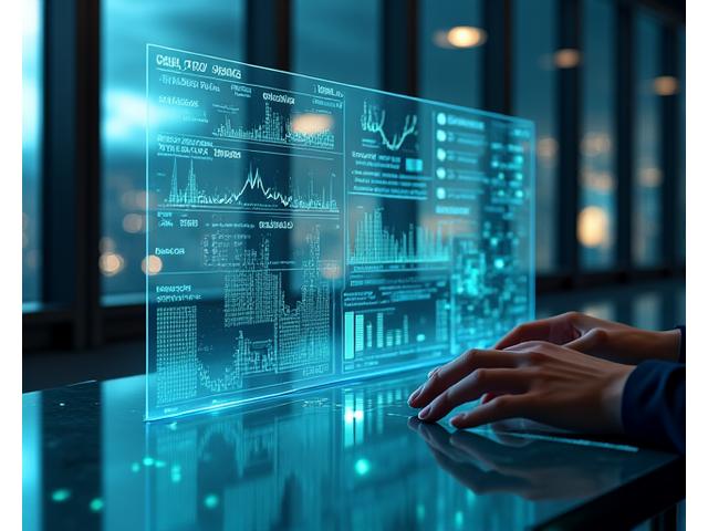 Figure humaine interagissant avec un tableau de bord digital affichant des données financières et des graphiques