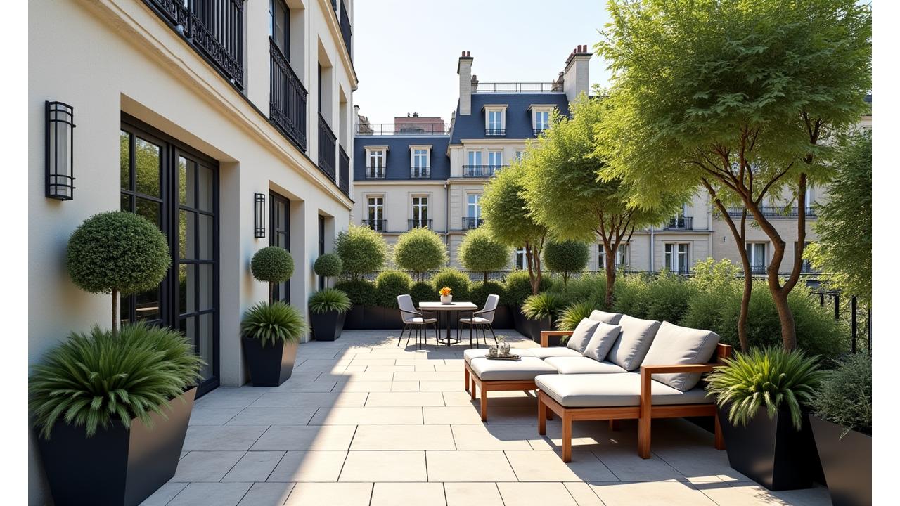 Illustration architecturale d'un balcon spacieux avec verdure, résidence Le Marais