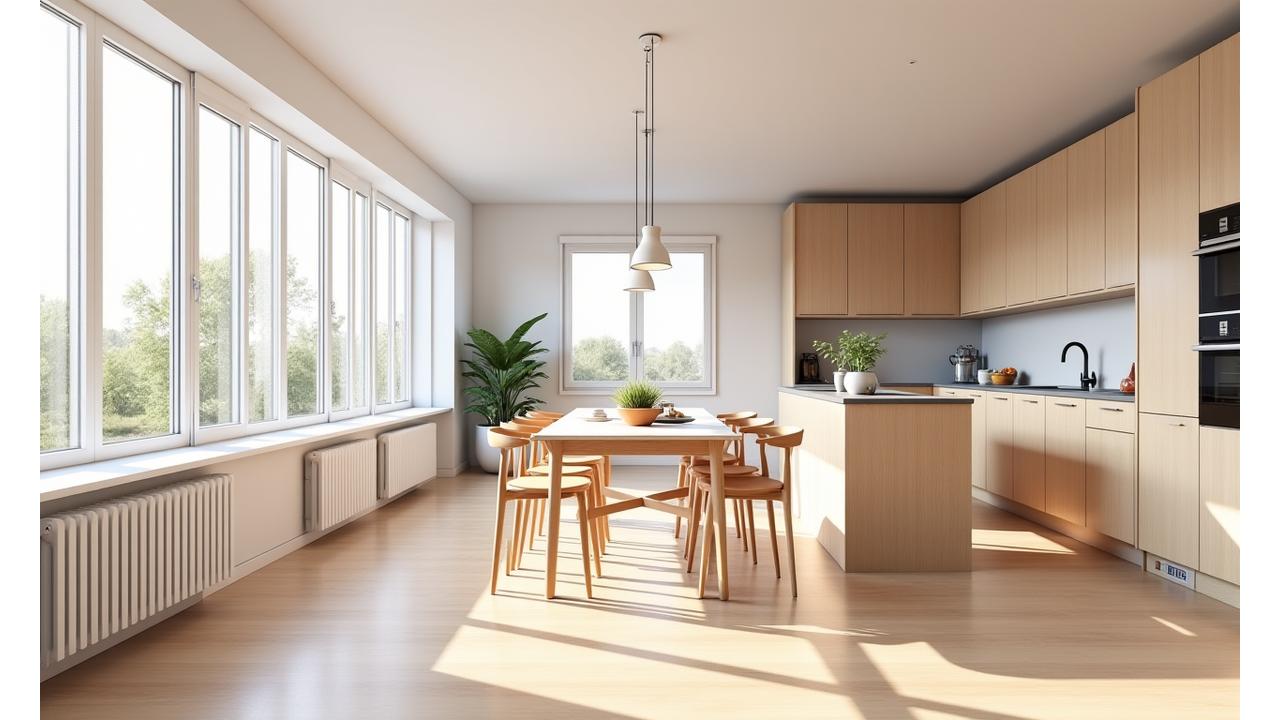 Modélisation 3D d'une cuisine ouverte et lumineuse, résidence Odéon