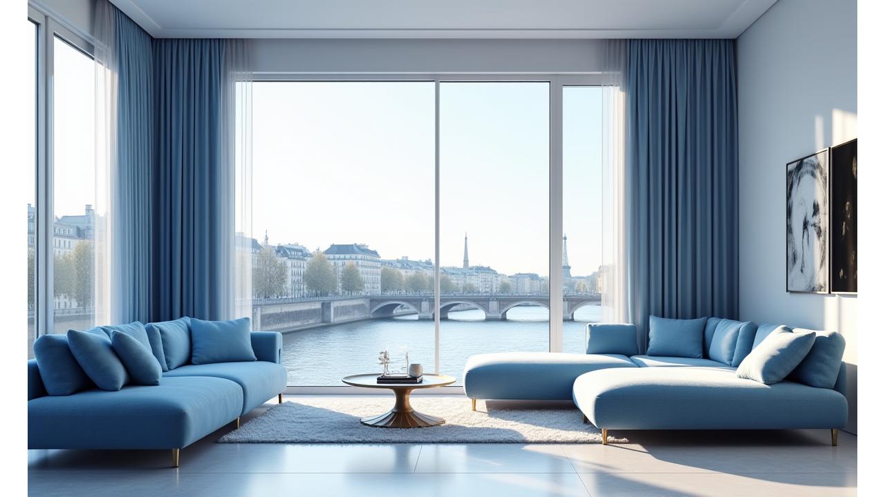 Visualisation 3D immersive d'un salon moderne avec vue sur la Seine, résidence Rivoli