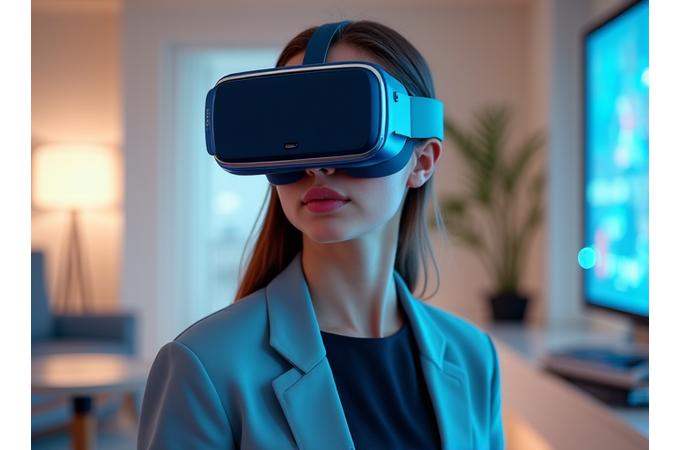 Personne utilisant une casque de réalité virtuelle pour visiter un appartement en 3D