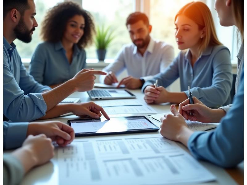 Une équipe de professionnels gérant des documents immobiliers dans un bureau moderne et lumineux, symbolisant la gestion locative.