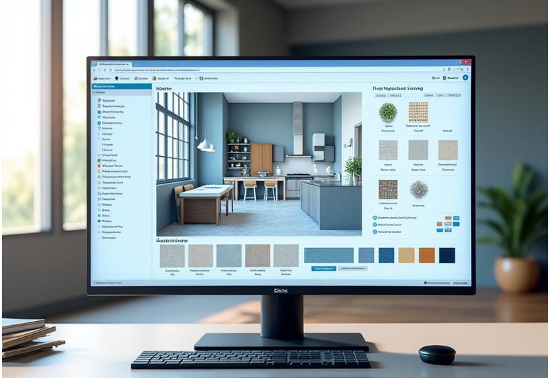 Interface utilisateur d'un configurateur 3D de logement, montrant des options de personnalisation pour la cuisine avec un aperçu en temps réel.