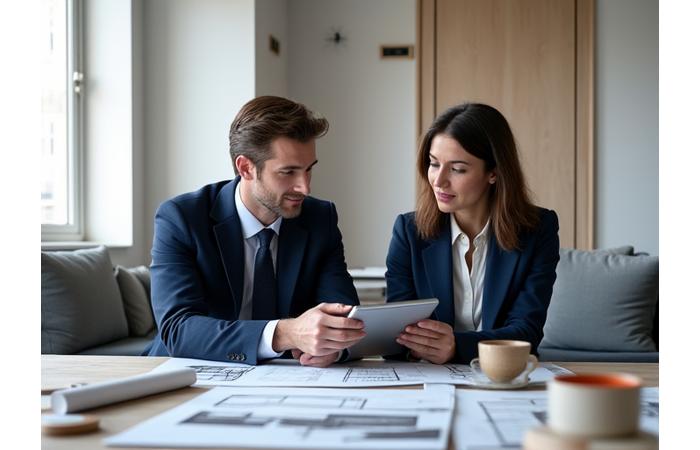 Architecte d'intérieur expliquant des plans et des échantillons de design à un client dans un bureau élégant, symbolisant le service de consultation design.