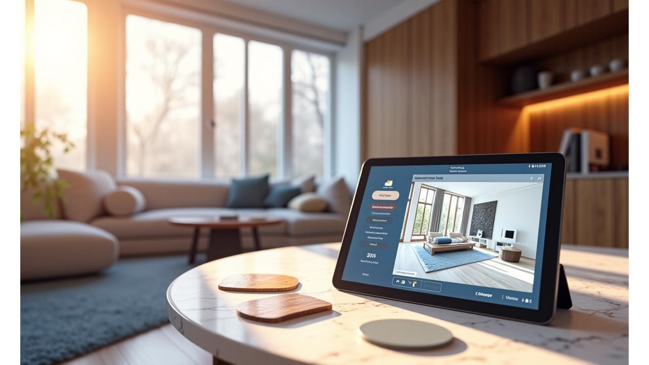 Intérieur d'un appartement moderne avec des éléments personnalisables tels que des échantillons de matériaux et des écrans 3D affichant des options de design, représentant la personnalisation. Coucher de soleil subtil entrant par la fenêtre.