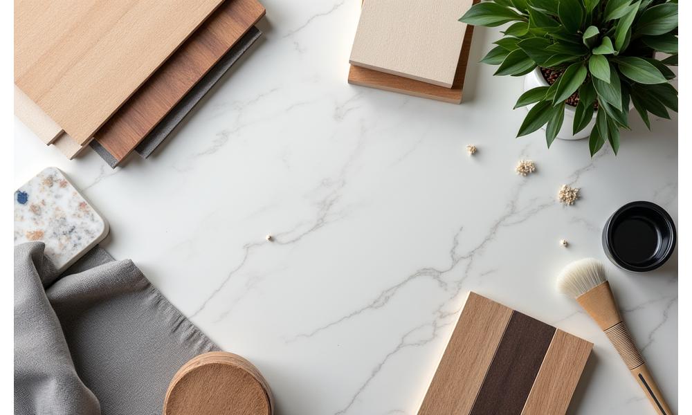 Échantillons de matériaux haut de gamme disposés sur une table de designer: bois, marbre, tissus et nuanciers de couleurs, inspirant la personalisaton d'intérieur.