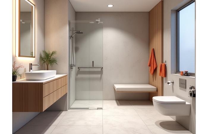 Salle de bain moderne et accessible avec une douche de plain-pied, barre d'appui et espace de manœuvre suffisant pour un fauteuil roulant, symbolisant l'accessibilité PMR.
