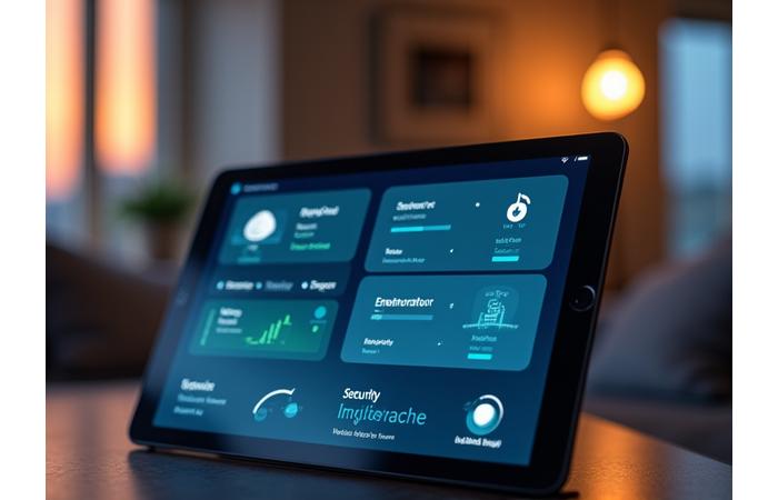 Tablette affichant une interface d'application domotique contrôlant l'éclairage, le thermostat et la sécurité d'une maison moderne, reflétant les solutions smart home.