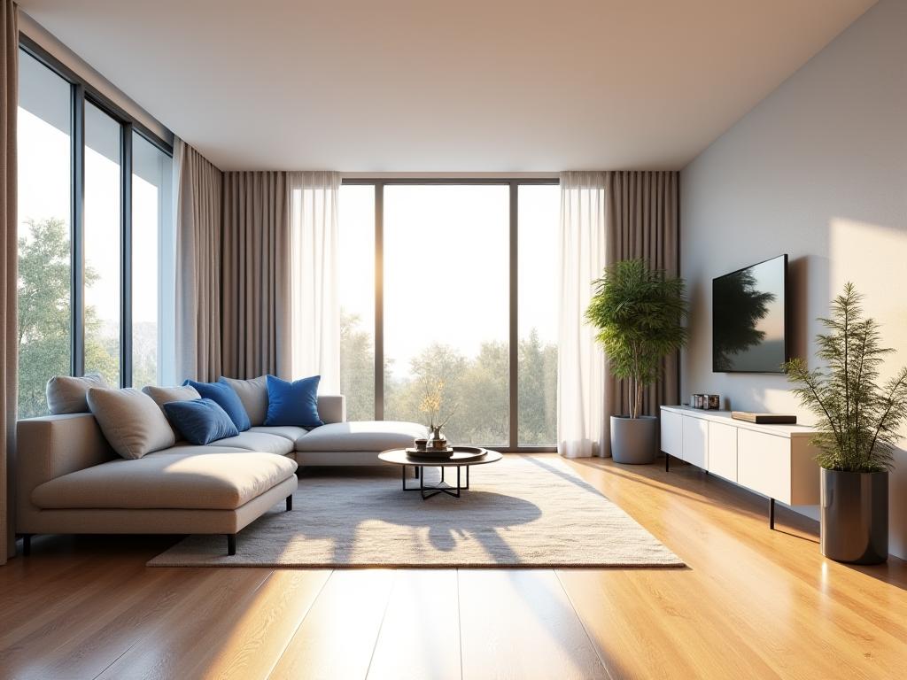 Capture d'écran d'une visite virtuelle 3D fluide à l'intérieur d'un appartement moderne, montrant des textures réalistes, des jeux de lumière et des meubles en place.