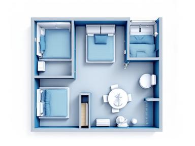 Aperçu miniature d'un plan d'appartement familial avec 3 chambres et un grand espace de vie ouvert, optimisé pour les familles avec enfants.