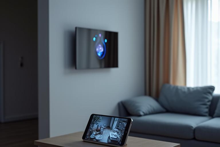 Photo d'une caméra de sécurité connectée discrète installée dans un salon moderne, avec une interface d'application de sécurité affichée sur une tablette à proximité, montrant un flux vidéo en direct.