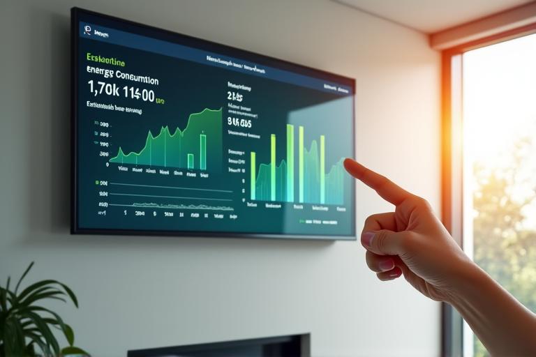 Tableau de bord numérique affichant des graphiques de consommation d'énergie en temps réel, avec des indicateurs de réduction des coûts et des icônes de sources d'énergie renouvelable.