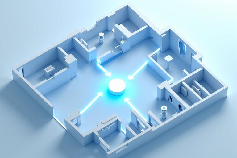 Plan d'un appartement sophistiqué avec des icônes lumineuses représentant différents objets connectés IoT (thermostat, caméras, serrures), reliés par des lignes lumineuses pour symboliser la connectivité.