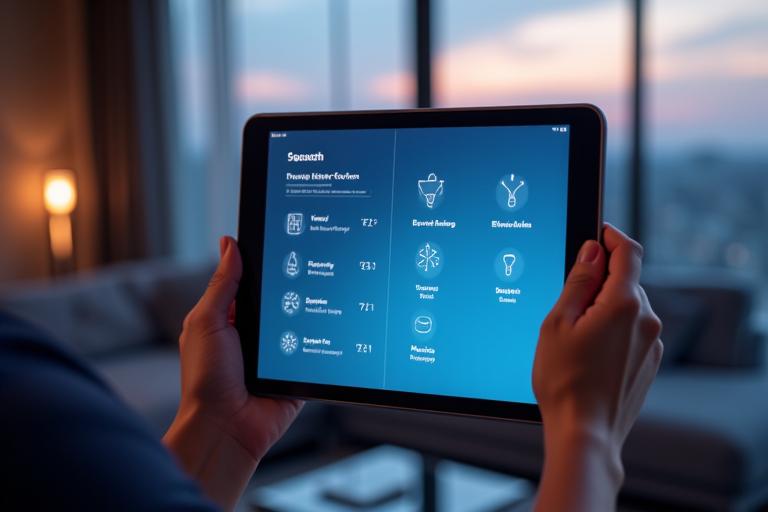 Interface de démonstration d'une application Smart Home avec contrôle de l'éclairage, du chauffage et des volets, affichant des scénarios de vie préprogrammés.