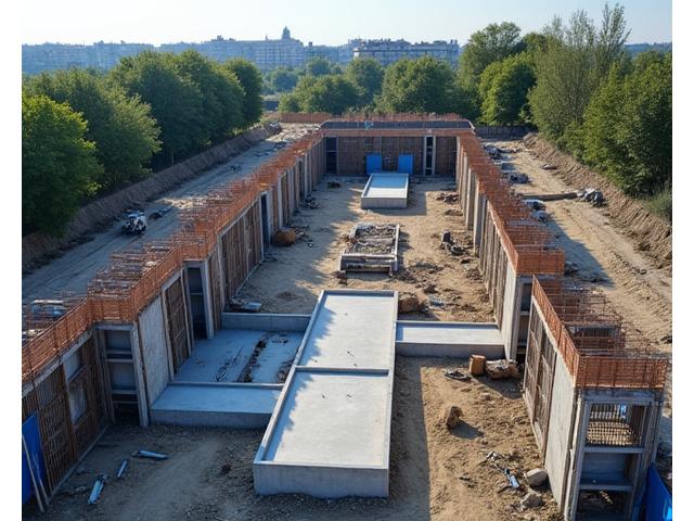 Vue aérienne du chantier de la Résidence Lumière montrant les fondations posées et les premiers murs montés.