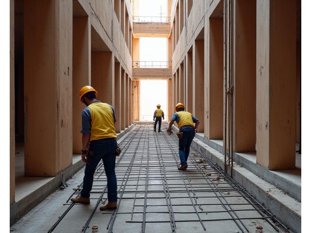 Ouvriers travaillant sur le ferraillage des dalles au deuxième étage de la Résidence Élévation.