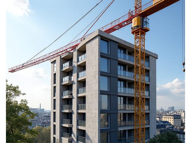 Gros plan sur une grue de chantier soulevant des éléments préfabriqués pour la Résidence Harmonie.