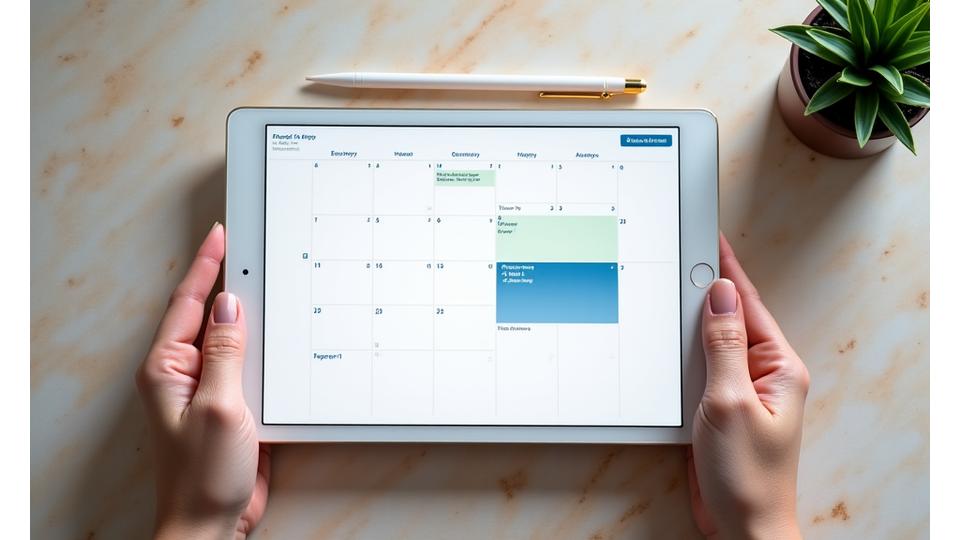 Main d'une personne planifiant un rendez-vous sur une tablette avec un calendrier digital