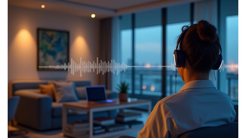 Personne écoutant des commentaires audio pendant une visite virtuelle guidée d'un appartement