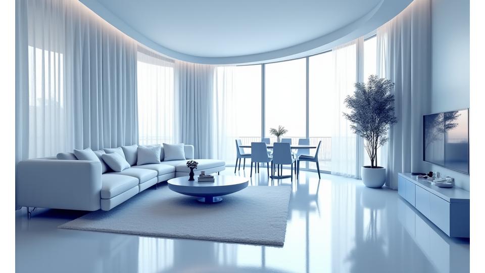 Vue d'un salon moderne en 360 degrés avec des points interactifs d'information