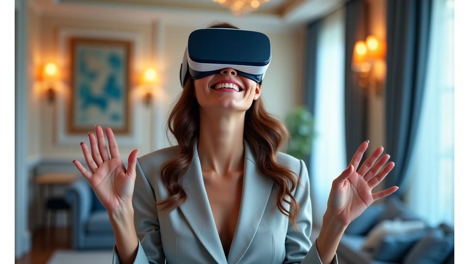 Femme souriante utilisant un casque VR dans un appartement élégant