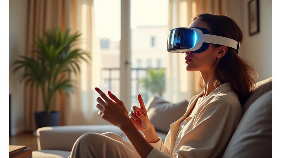 Personne utilisant un casque de réalité virtuelle pour visiter un appartement moderne